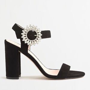 J. Crew Stella Crystal Buckle Ankle Strap Block Heels - Black Suede | Size 8.5